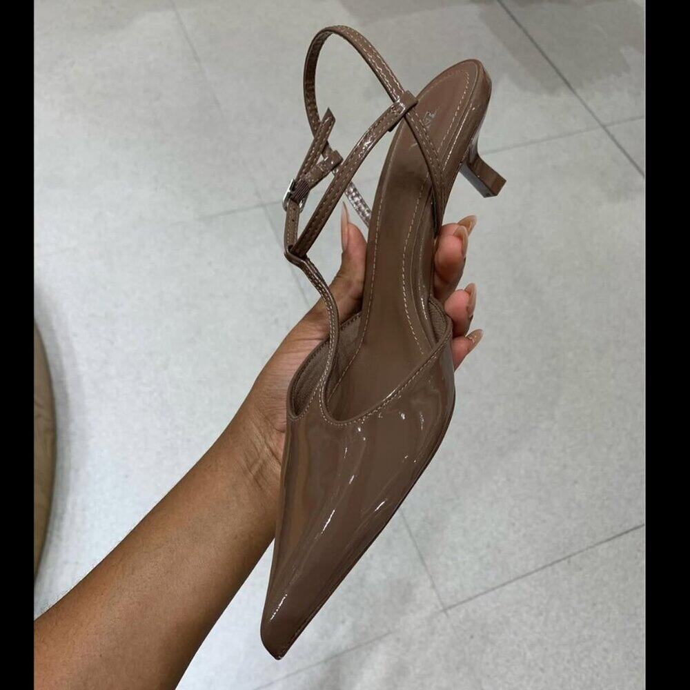 Zara NWT Brown Patent T Strap Slingback Pointed Toe Kitten Heels 9 10 - Picture 15 of 16